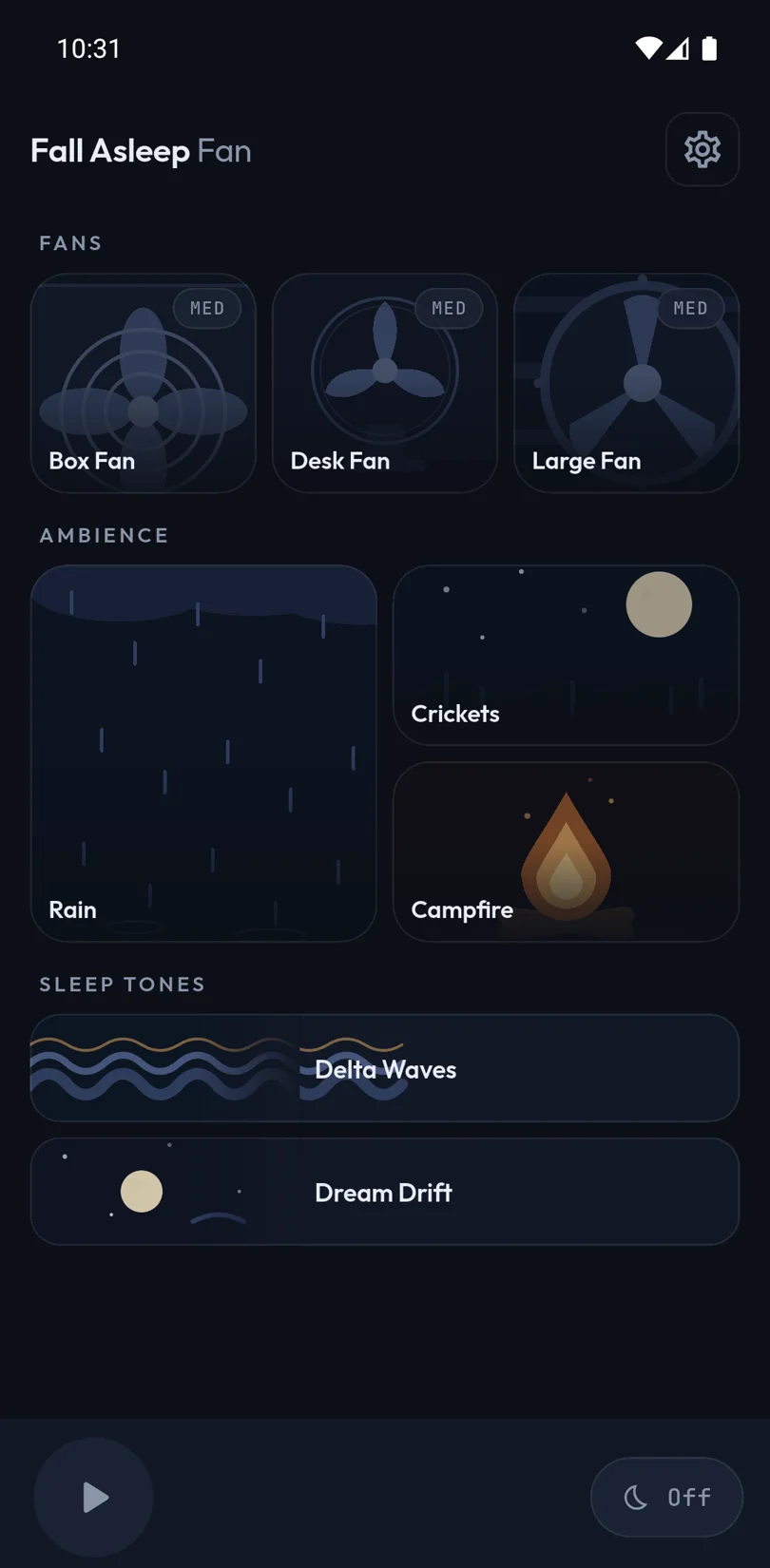 The sound library: three fans, rain, crickets, campfire, and two sleep tones