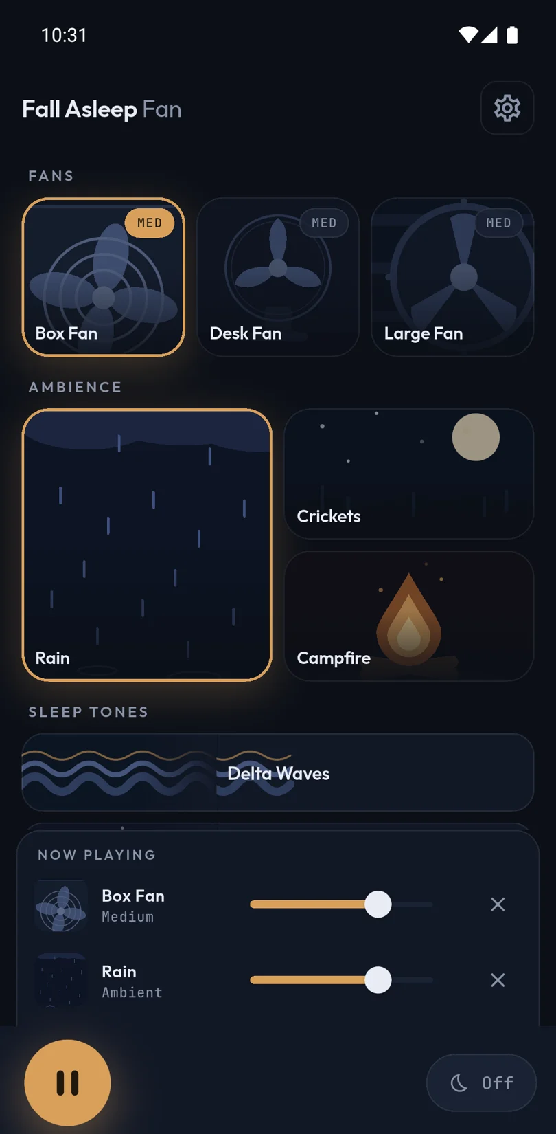 Fall Asleep Fan mixing Box Fan and Rain, with the sleep timer ready