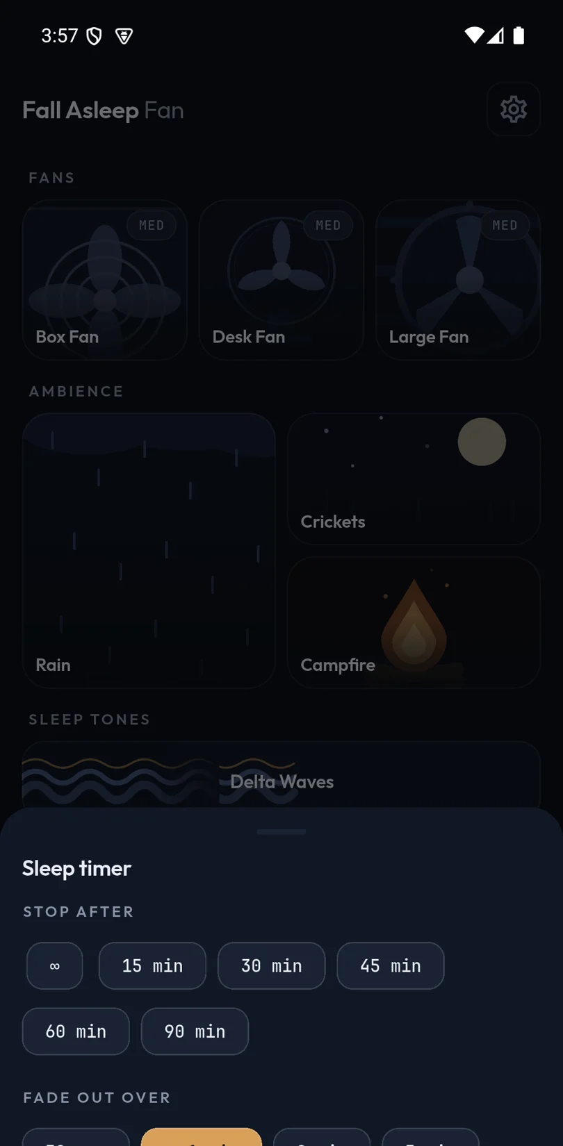 The sleep timer sheet with duration presets and fade choices